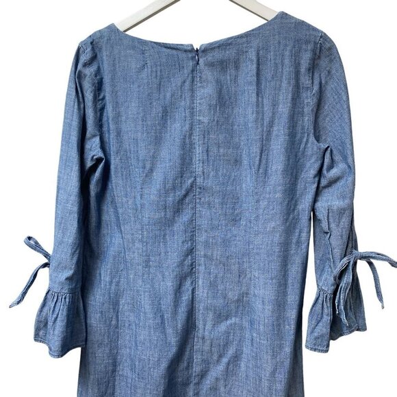 J. CREW Denim Dress Blue Chambray 3/4 Tie Sleeves Casual Western Mini - Picture 3 of 9